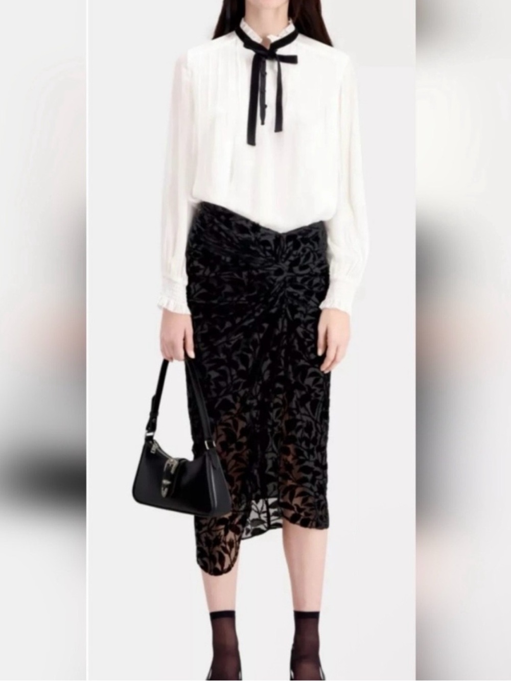 The Kooples Black Burnout Velvet Floral Asymmetrical Midi Skirt NWT Size 1/Small